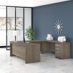 Bush Business Furniture Studio C U Shaped Desk with Mobile File Cabinet 72W x 36D Modern Hickory