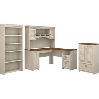 Bush Furniture Fairview 60W L Shaped Desk with Hutch Storage Cabinet with Drawer and 5 Shelf Bookcase in Antique White and Tea Maple