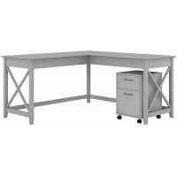 Bush Furniture Key West L Shaped Desk with 2 Drawer Mobile File Cabinet 60W Cape Cod Gray