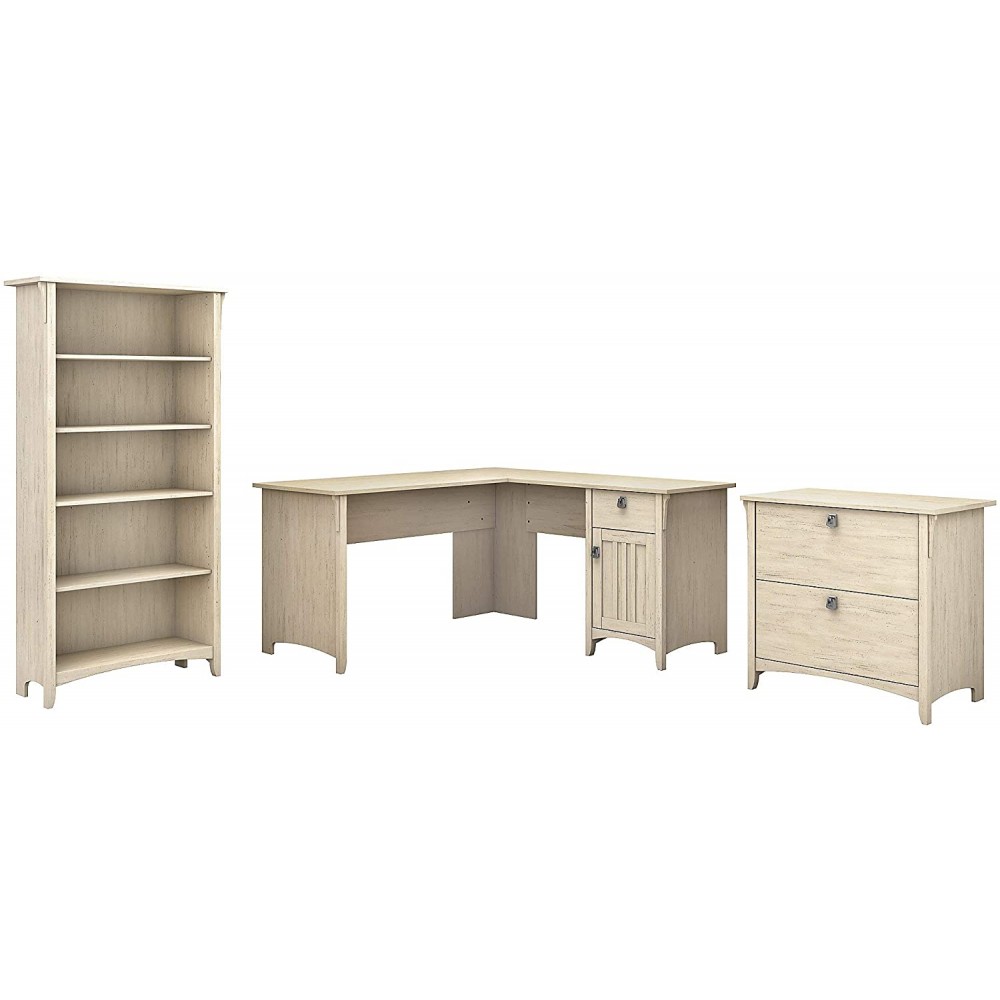 Bush Furniture Salinas L Shaped Desk with Lateral File Cabinet and 5 Shelf Bookcase 60W Antique White