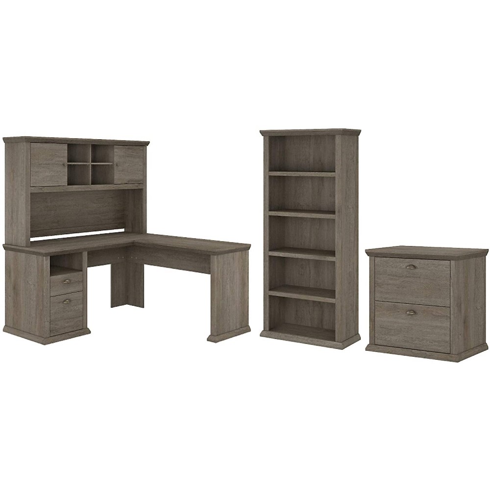 Bush Furniture Yorktown L Shaped Desk with Hutch Lateral File Cabinet and 5 Shelf Bookcase 60W Restored Gray