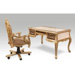 ECE INTERIOR Classic Style Home Office Study Set,Handmade Wood Writing Desk Pentur drawing decoration on table Soft Upholstery Adjustable Chair with Casters 360-Degree Swivel Gold leaf and cream