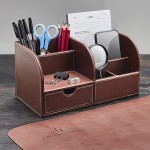 Gallaway Leather Desk Organizer Office Stationery Storage Box Organizer Holds Desk Supplies Like Business Card Pen Pencil Mobile Phone Office Accessories Brown…