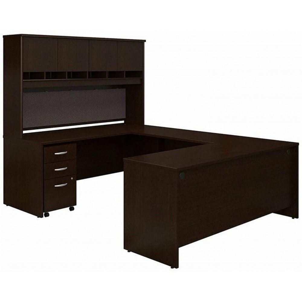 Thaweesuk Shop New Mocha Cherry Executive U-Shaped Desk with Hutch Storage Left Hand Computer Study Writing PC Laptop Workstation Drawer File Cabinet Corner Rotating Modern Furniture Home Office Wood