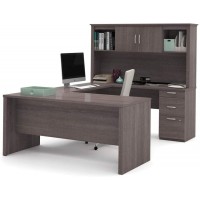 Bestar Logan U or L-Shaped Executive Office Desk with Pedestal and Hutch 66W Bark Grey