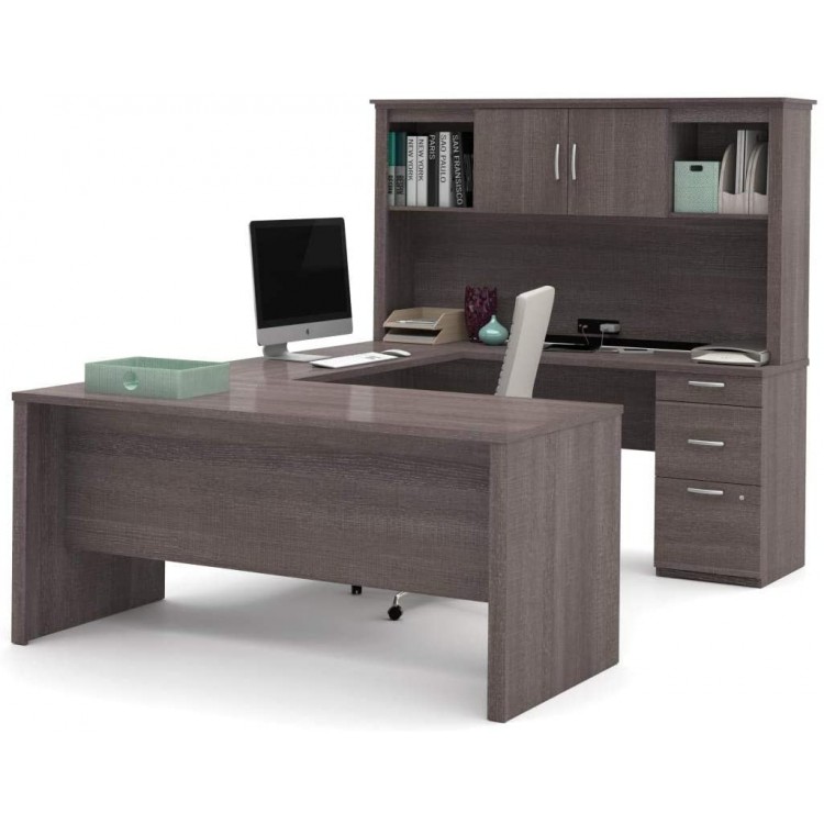 Bestar Logan U or L-Shaped Executive Office Desk with Pedestal and Hutch 66W Bark Grey