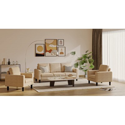 3 Piece Upholstered Fabric Small Sofa Couch Living Room Furniture Set for Small Spaces Beige