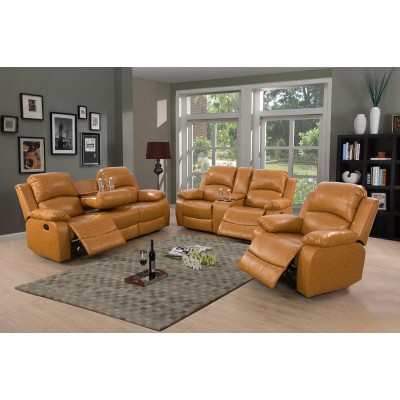 A Ainehome Sectional Recliner Sofa Set Bonded Leather 3 PCS Motion Sofa Loveseat Recliner Couch Manual Reclining Chair with Drop Down Table & Central Console for Living Room Ginger,3 Piece Set