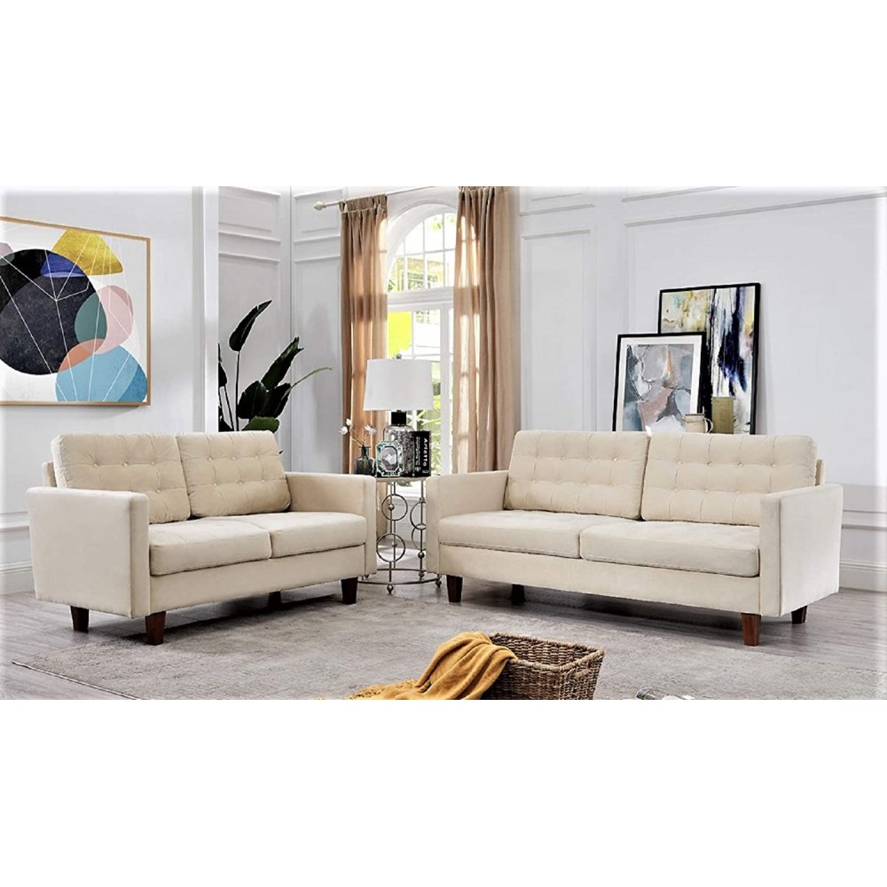 Container Furniture Direct Brittany Mid Century Modern 3 Seater Living Room Velvet Sofa Set 2 Piece Ivory
