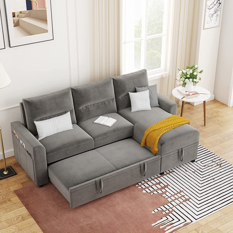 GAOPAN 82.5" Microfabric Sectional Sofa with Reversible Storage Chaise Lounge & 6 Side Pockets L-Shaped Corner Sofá W Pull-Out Sleeper Couch Bed Sofabed for Living Room Furniture Set,Grey