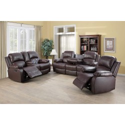 Lifestyle Furniture Luxurious Reclining Sofa Set Bonded Leather Manual Recliner with Drop Down Table for Living Room Home Theater Brown 3PCS