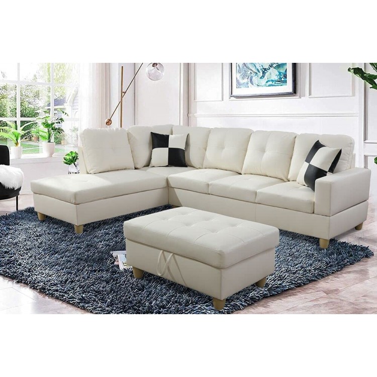 Lifestyle Furniture Sectional Sofa Set for Living Room Leather Sectional Reversible Chaise Sofa 3-Set with Storage Ottoman White Left Hand