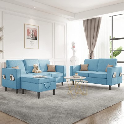 Mjkone Convertible Sectional Sofa Couch with Storage Ottoman 3 Pcs Couch Set with Storage Pockets Sectional Couches for Living Room 3-Seater + Ottoman + 1-Loveseat Light Blue