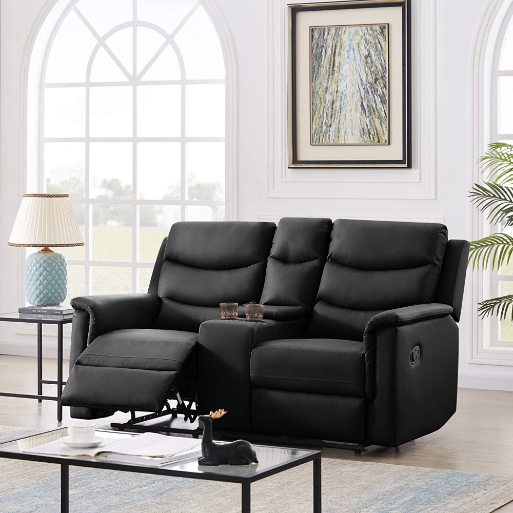 Recliner Chair PU Leather Recliner Sofa Loveseat Living Room Chair Modern Recliner Seat with Console Slate,Double Reclining Sofa with Cup Holder,2-Seater with Flipped Middle Backrest