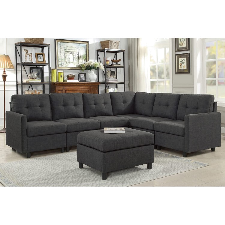 Sectional Sofa Ottoman Set 6 Seater Modular Corner Sectional Couches Living Room Furniture Sets Reversible L Shape Couch Set Deep Gray