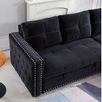 Sectional Sofa with Pull Out Bed HABITRIO Solid Wood & Velvet Upholstered 2 Seats Sofa and Reversible Chaise Lounge w Storage Modern Design 91" L-Shaped Sleeper Sofa for Living Room Black