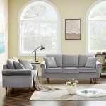 Velvet Sofa Sets for Living Room 2 Piece Upholstered Modern 3 Seats Sofa Couch and Loveseat Set Rolled Arm Sofa with Deep Seat for Living Room and BedroomGrey