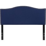 EMMA + OLIVER Upholstered Full Size Headboard with Nailtrim in Navy Fabric