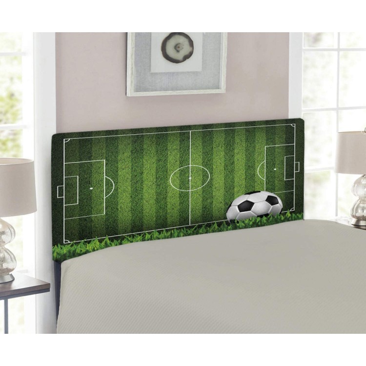 Lunarable Sports Headboard Green Grass Field Soccer Playground with The Ball Scheme Stripes Strategy Upholstered Decorative Metal Bed Headboard with Memory Foam Twin Size White Black