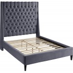 Meridian Furniture Fritz Collection Velvet Upholstered Bed with Wing Back Headboard and Brass Nailhead Trim King Grey