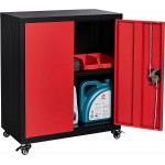LUCYPAL Metal Storage Cabinet with Locking Doors and 1 Adjustable Shelves,Steel Storage Cabinet with Wheels for Home Office Black+Red