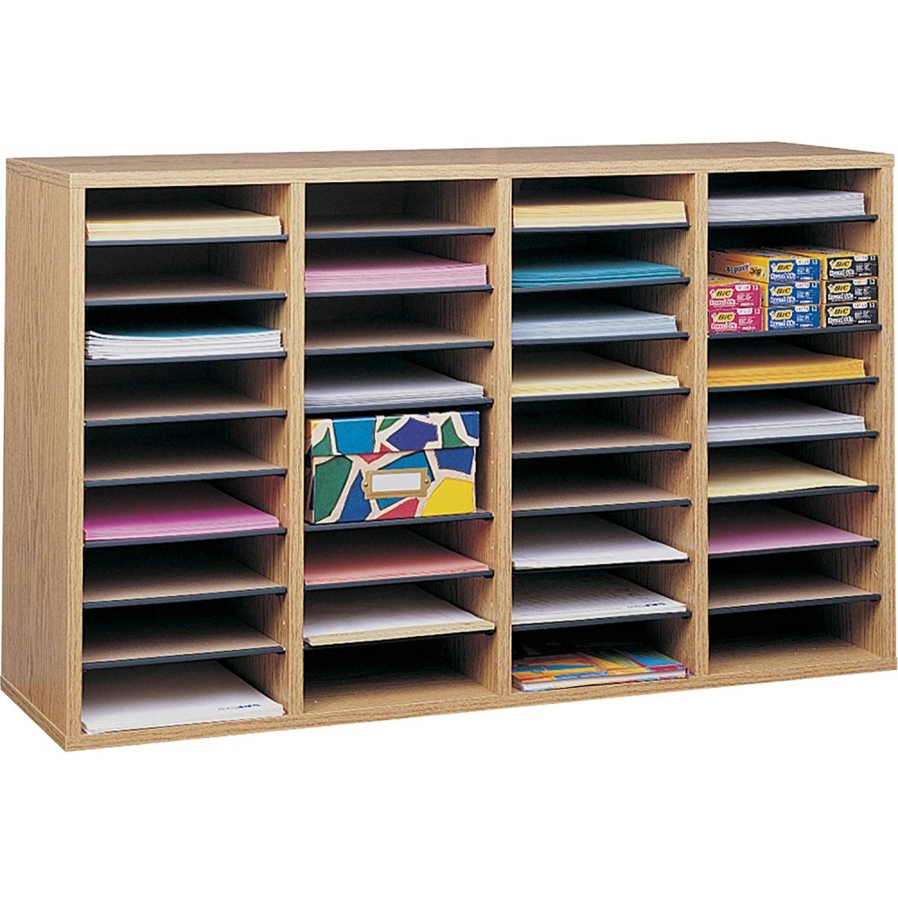 Safco Products Wood Adjustable Literature Organizer 36 Compartment 9424MO Medium Oak Durable Construction Removable Shelves Stackable,Light Brown