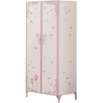 Bedroom Armoires HABITRIO White & Light Purple Finish Metal Butterfly & Scrolled Designs Wardrobe with 2 Doors One with Hanging Rod & Top Shelf One with 5 Compartments