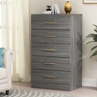 Homsee Modern Tall Dresser Chest with 5 Drawers and Metal Handles Wood Dresser Closet with Wide Storage for Bedroom Living Room & Hallway Grey 29”L x 19”W x 49”H