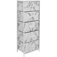 Sorbus Fabric Dresser for Bedroom Chest of 5 Drawers Tall Storage Tower Clothing Organizer for Closet for Living Room Steel Frame Fabric Bins Wood Handle Marble White – White Frame