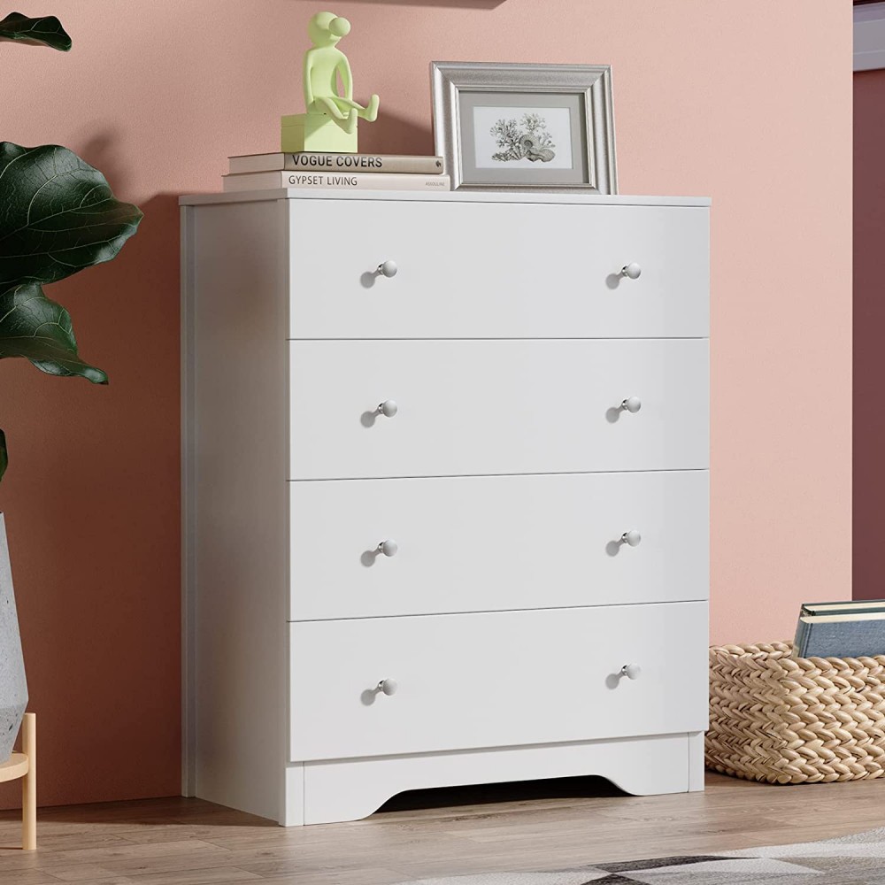 SunsGrove White Dresser for Bedroom with 4 Drawers Modern Chest of Drawer Wood Storage Organizer Cabinet for Living Room Children Room Entryway