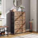 WLIVE 10-Drawer Dresser Fabric Storage Tower for Bedroom Nursery Entryway Closets Tall Chest Organizer Unit with Textured Print Fabric Bins Steel Frame Wood Top Rustic Brown Wood Grain Print