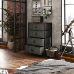 WLIVE 4 Drawer Dresser Chest of Drawers Industrial Storage Tower with Steel Frame Wood Table top Easy Pull Fabric Bins Black Dresser for Bedroom Closet Living Room Hallway Nursery Black