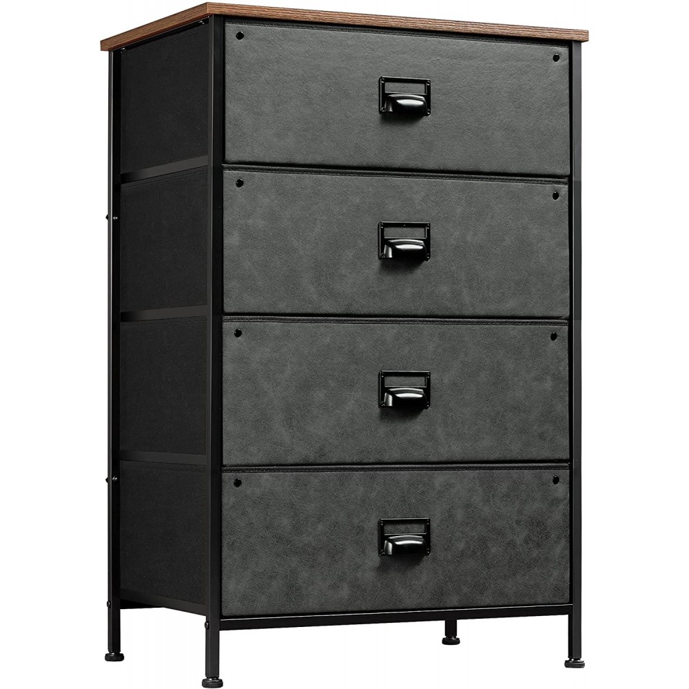 WLIVE 4 Drawer Dresser Chest of Drawers Industrial Storage Tower with Steel Frame Wood Table top Easy Pull Fabric Bins Black Dresser for Bedroom Closet Living Room Hallway Nursery Black