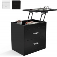2 in 1 Upgrade Nightstand with Lifting Top and End Table Bedside Desk Height Adjustable Laptop Table with 2 Drawer Storage Cabinet Removable End Table for Bedroom Home Black