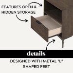 DG Casa Noa Easy Assembly Modern Bedroom Nightstand Accent Bedside Table 1 Drawer on Ball Bearing Slides & Open Storage Compartment Night Stand in Penny Bronze Walnut with Black Drawer Pulls & Feet