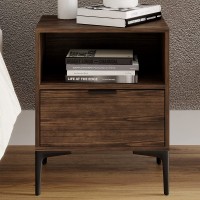 DG Casa Noa Easy Assembly Modern Bedroom Nightstand Accent Bedside Table 1 Drawer on Ball Bearing Slides & Open Storage Compartment Night Stand in Penny Bronze Walnut with Black Drawer Pulls & Feet
