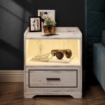 DNBSS Nightstand with Charging Station and LED Lights Modern Design End Side Table with USB Ports Storage Table with Drawers Open Shelves Side Stand Cabinet for Home Office Rustic White 9115