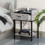 Lerliuo Nightstand with Charging Station and USB Ports 3-Tier End Side Table with Storage Drawer and Shelf Modern Bedside Night Stand for Bedroom Living Room- Retro Grey