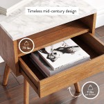 Nathan James James Mid-Century Rectangle Accent Side or End Table Walnut Finish Wood and Faux Marble Top with Storage Nightstand Frame White Brown