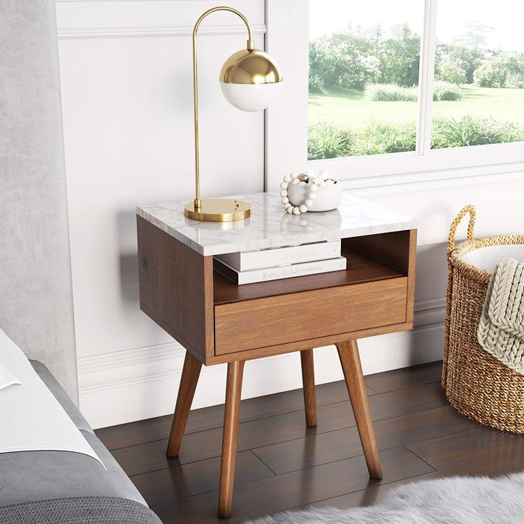 Nathan James James Mid-Century Rectangle Accent Side or End Table Walnut Finish Wood and Faux Marble Top with Storage Nightstand Frame White Brown