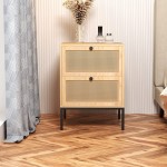 Nightstand with Handmade Natural Rattan Drawers Bed Side Table & End Table with Storage for Living Room Bedroom Dining Room Natural Metal Leg