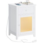 Nightstand with Lights and Charging Station Bedside Table with 3 Colors of LED Light White Side Table with Drawer and Storage Cabinet Wood End Table with Changhong Glass Door