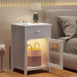 Nightstand with Lights and Charging Station Bedside Table with 3 Colors of LED Light White Side Table with Drawer and Storage Cabinet Wood End Table with Changhong Glass Door