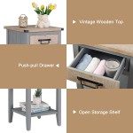 RUSTOWN Farmhouse Bedside Storage Table Set of 2 Nightstand End Table with Storage Drawer and Open Shelf Side Table for Bedroom Living Room Lounge Grey