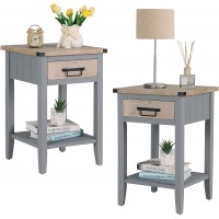 RUSTOWN Farmhouse Bedside Storage Table Set of 2 Nightstand End Table with Storage Drawer and Open Shelf Side Table for Bedroom Living Room Lounge Grey