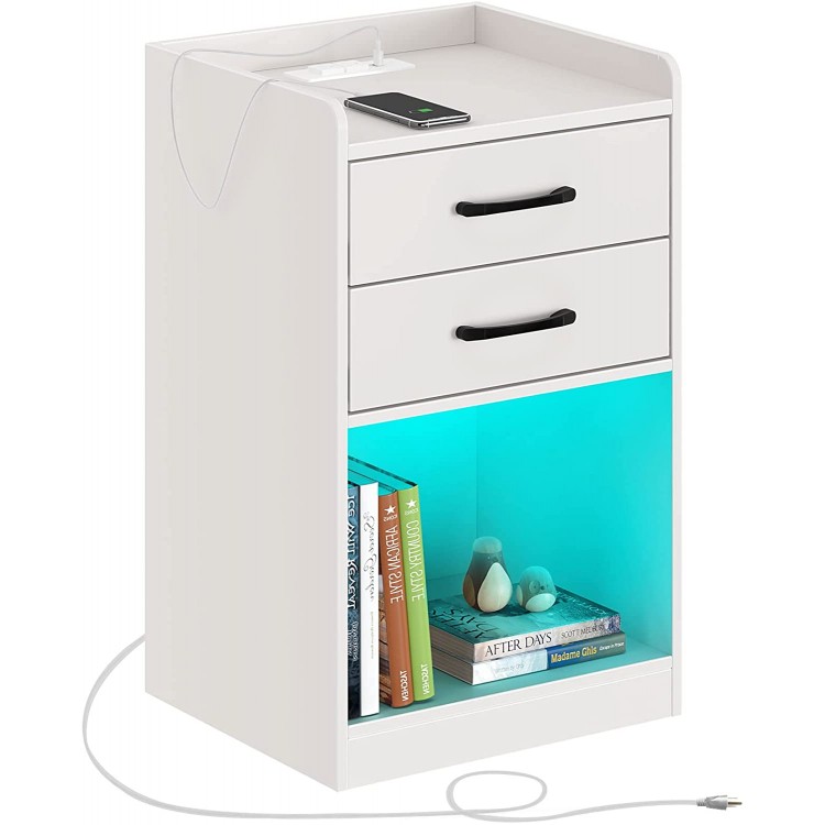 Seventable Nightstand with Charging Station and LED Lights,Modern Design End Side Table with 2 Drawers Nightstand Storage Cabinet for Bedroom White