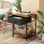 WLIVE Nightstand Set of 2 End Table with Fabric Storage Drawer and Open Wood Shelf Bedside Furniture with Steel Frame Side Table for Bedroom Dorm Easy Assembly Black and Rustic Brown