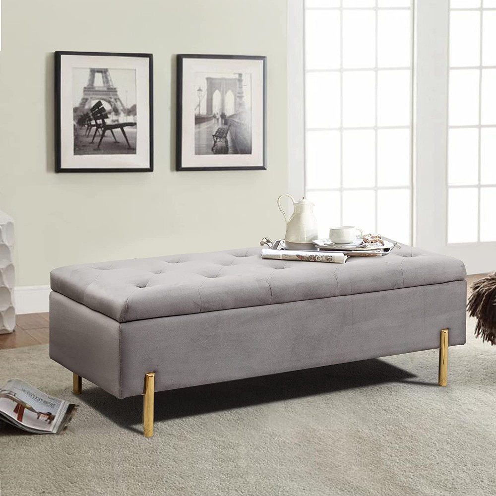 ALISH Upholstered Storage Bench Velvet Bed Bench Storage Ottoman Bench with Metal Legs for Bedroom Living Room Gray