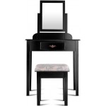 Casart Vanity Dressing Table Stool Set for Bedroom Vanities Furniture with Large 360° Rotating Makeup Mirror Solid Wood Legs Padded Linen Fabric Bench Vanity Tables with Drawers Black
