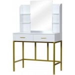 DESIGNSCAPE3D Bedroom Vanity Table & Vanity Bench Set w Makeup Mirror Steel Legs Dresser with Drawers & Shelves White